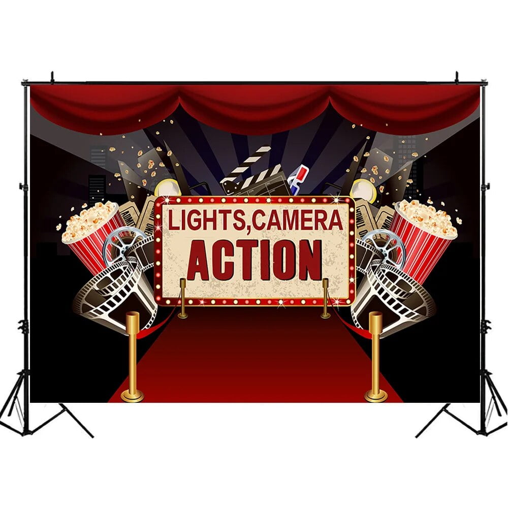 Movie Night Party Backdrop for Photo Studio Red Carpet Gold Star Popcorn Adult Birthday Party