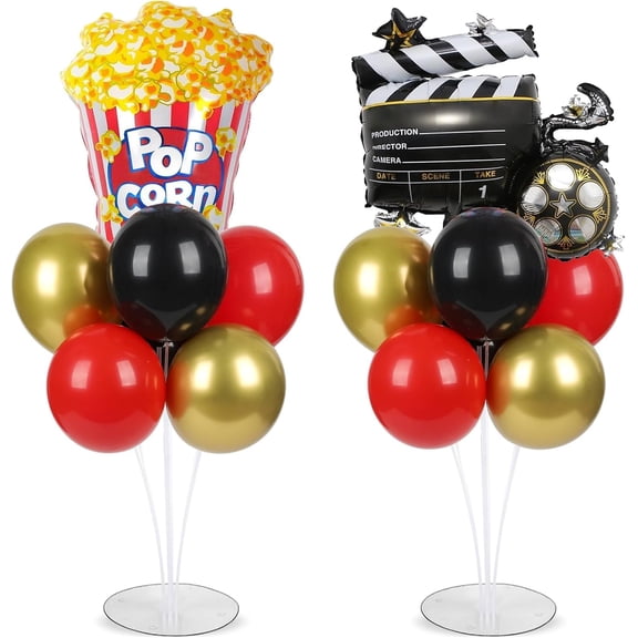 Movie Night Party Balloons Stand Kit 2 Sets with 2 Popcorn Clapboard Foil Balloons Black Red Gold Party Balloon Centerpiece for Tables for Birthday Camera Film Movie Party Decoration