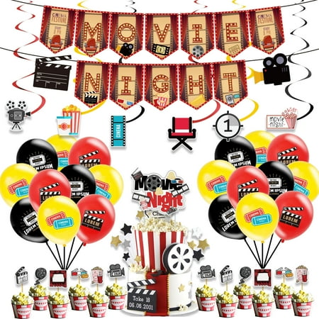 Movie Night Party Decoration Red Black Movie Night Banner Hanging Swirls Cake Toppers Stickers and Glasses Balloon Set for Movie Theater Time Party Supplies