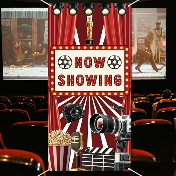 Movie Night Party Photo Door Banner Movie Phtography Background Backdrop for Birthday Party Now Showing Movie Party Decorations Door Cover for Home Film Party Movie Game 35.43x70.87 Inch