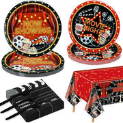 Movie Night Party Supplies for 20 Guests, Disposable Now Showing Tableware Set Include Plates, Napkins, Tablecloth for Movie Night Party Decorations Red Carpet Birthday Party Decor, Total 81 Pcs