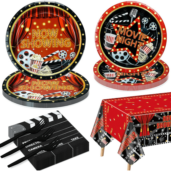 Movie Night Party Supplies for 20 Guests, Disposable Now Showing Tableware Set Include Plates, Napkins, Tablecloth for Movie Night Party Decorations Red Carpet Birthday Party Decor, Total 81 Pcs
