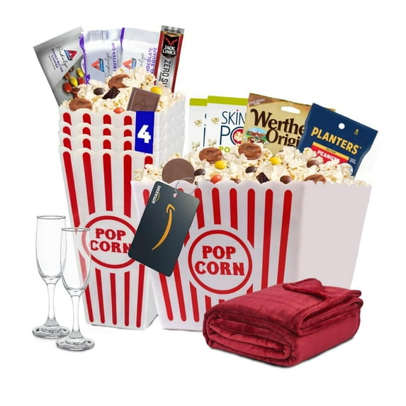CocoSmile Movie Night Popcorn and Candy Gift Basket - Keto Cravings Celebrate with Blanket