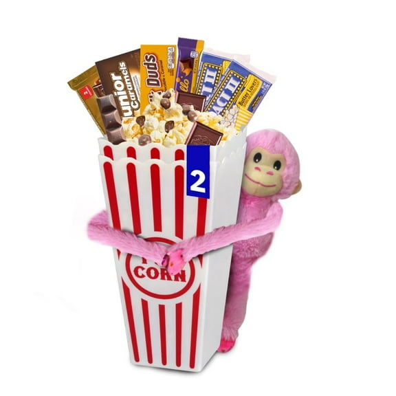 Movie Night Popcorn & Candy Gift Basket - Plush Monkey Around Basket - Perfect Valentine’s Day Treat for a Cozy, Fun Evening at Home or the Theater with Loved Ones (Caramel & Chill)