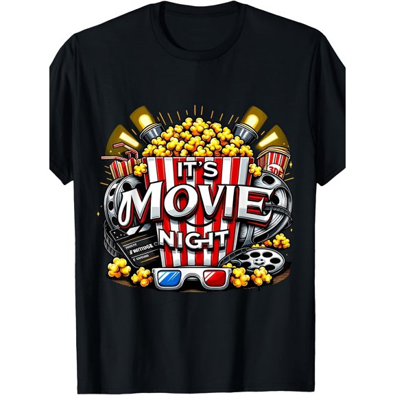 It's Movie Night Popcorn Cinema Film Reel Glasses Graphic Tee for Men Women, Funny Movie Lover Short Sleeve T-Shirt, Casual Crew Neck Top for Film Buff Gift
