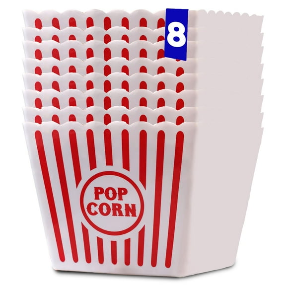 Movie Night Popcorn Containers for Theater, Cinema, and Home Use - Red and White Striped Durable Reusable Plastic Buckets for Snacks and Popcorn (8, Large)