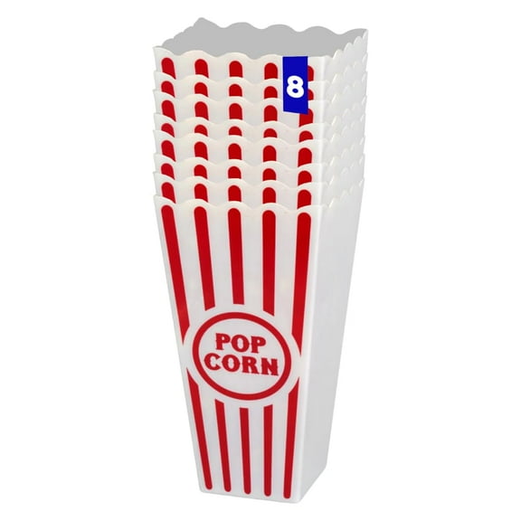 Movie Night Popcorn Containers for Theater, Cinema, and Home Use - Red and White Striped Durable Reusable Plastic Buckets for Snacks and Popcorn (8, Small)
