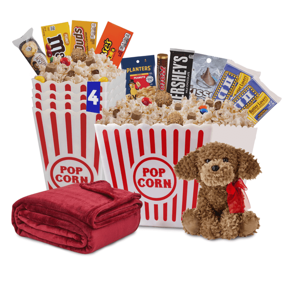 Movie Night Popcorn and Candy Gift Basket with Fleece Blanket & Plush Bear – Perfect for Cuddling & Crunching Together for Cozy (Peanut Lover Gift with Blanket & Bear)