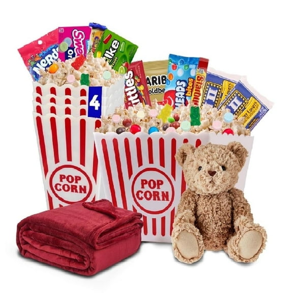 CocoSmile Movie Night Popcorn and Candy Gift Basket with Fleece Blanket and Plush Bear (Sweet Treat Family Gift)