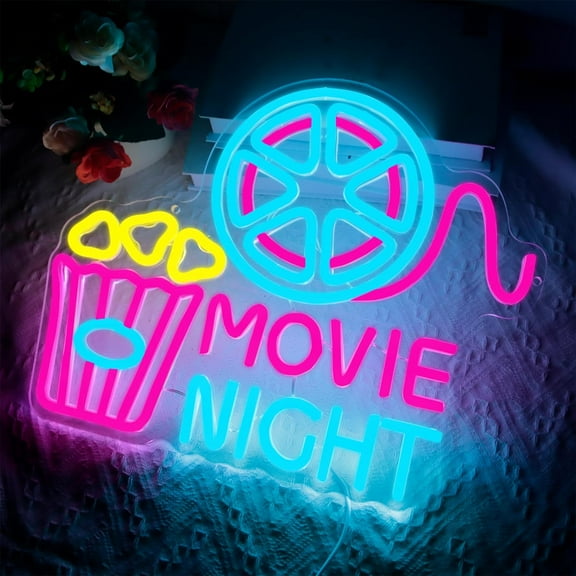 Movie Night Popcorn Paper Box Neon Sign, Dimmable LED Wall Decor for Home Cinema, Film Room, Man Cave, Party & Birthday