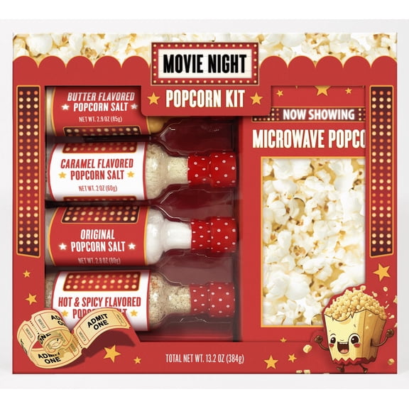 Movie Night Popcorn and Salts Kit Gift with Microwave Popcorn and Four Seasoning Salts by MSRF, Inc