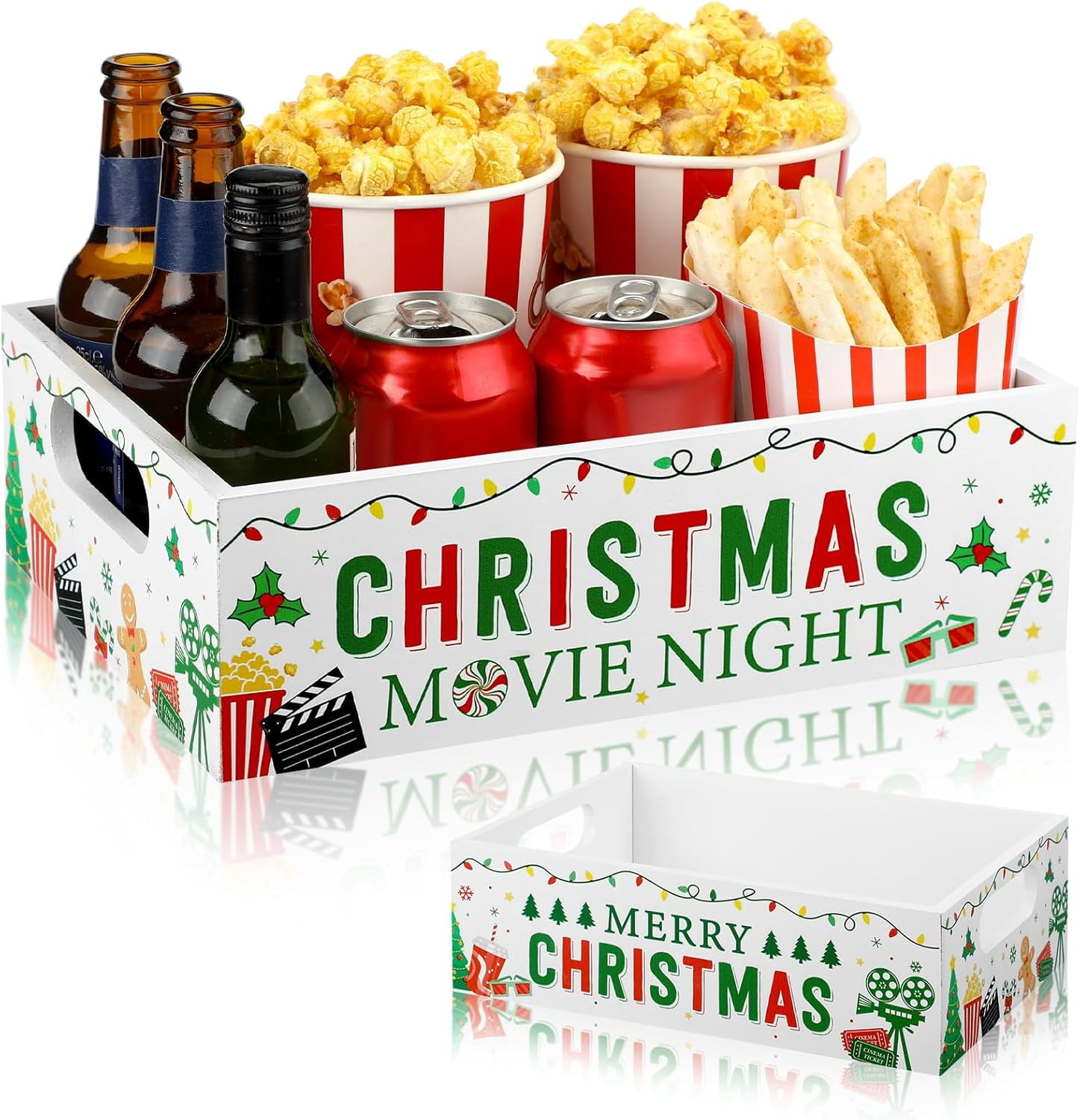 Wooden Movie Night Snack Tray – Christmas Style Snack Organizer With Handles, Popcorn Basket For Family Movie Nights & Holiday Decor