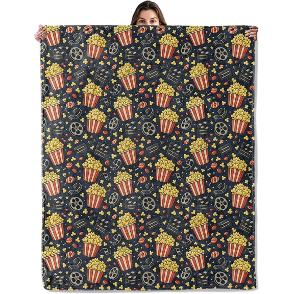 Movie Night Throw Blanket for Boys Girls Kids Adults, Cozy Retro Cinema Popcorn Theme Flannel Blankets Gifts for Camping, Bedroom, Couch, Room Home Decor, 50×60