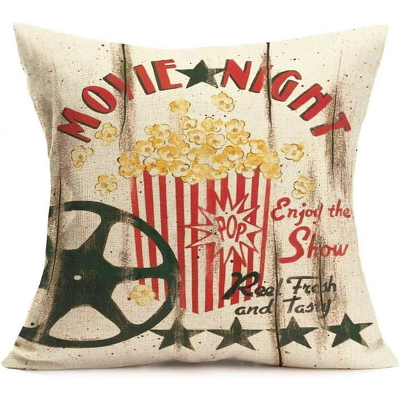 Movie Night Throw Pillow Cover Vintage Wood Background with Fresh Popcorn Stars Decorative Pillow Case Cushion Covers Cinema Personalized Home Theater Decor Cotton Linen 18”x18” Pillowcases