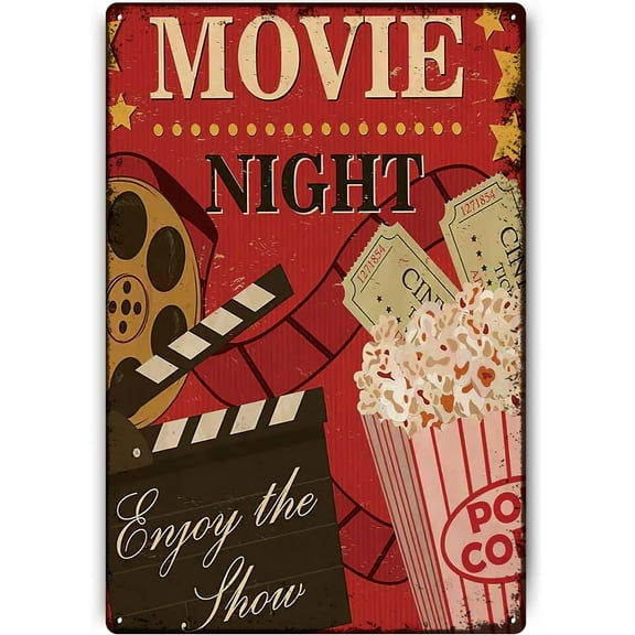 Movie Night Vintage Metal Tin SignsSnack Bar Sign,Popcorn Sign Enjoy The Show Retro Wall Decor Wall Art Tin Signs for Cinema Cafe Bar Pub Beer Club Wall Home Decor,Christmas Gifts 8x12 Inch