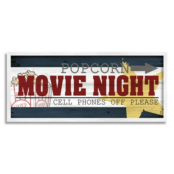 Movie Night Vintage Sign Typography Graphic Art White Framed Art Print Wall Art