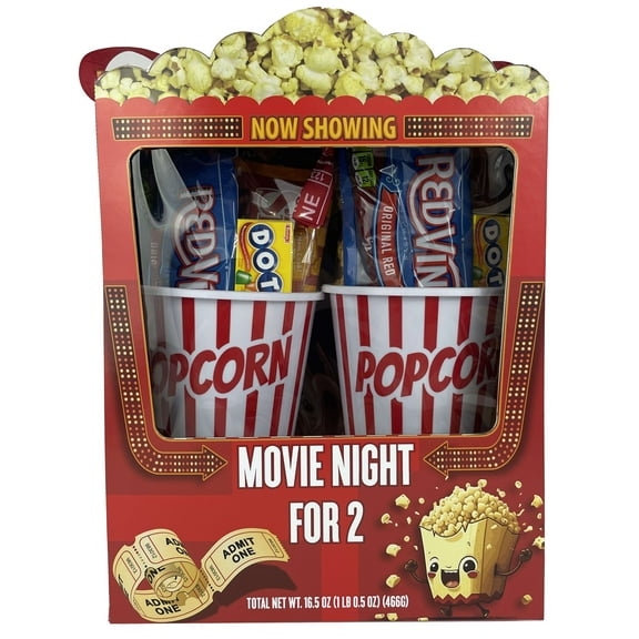 Movie Night for Two Microwave Popcorn and Candy Assortment Gift with Reusable Popcorn Containers