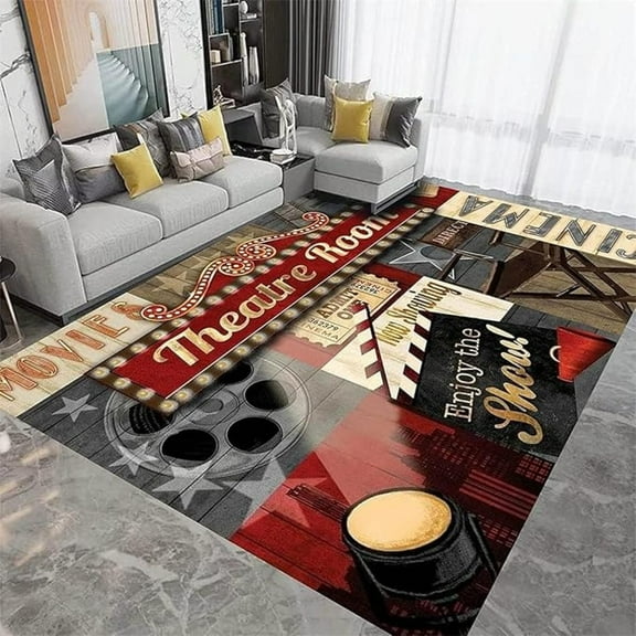 Movie Popcorn Area Rugs, Vintage Cinema Home Movie Theater Easy Clean Rug, Soft Non-Skid Carpet Throw Rug For Kids Bedroom Living Room Bathroom Classroom Office 1x2ft