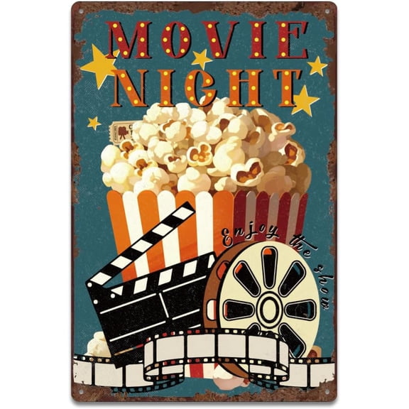 Movie Popcorn Tin Signs Retro Metal Poster Movie Nigh Plaque Vintage Decort Man Cave Sign Decorative for Home Cinema Theater Viewing