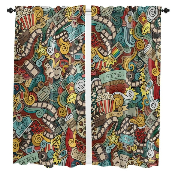 Movie Projector Popcorn Retro Style Curtains in the Kids Bedroom Living Room Hall Window Treatments Kitchen Decoration Drapes
