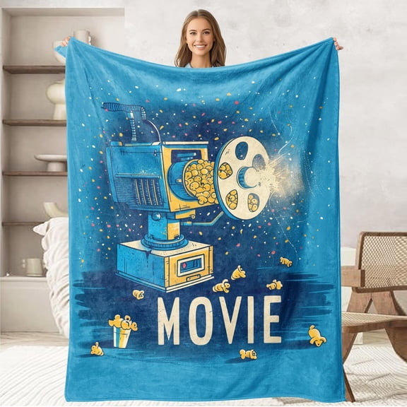 Movie Projector Throw Blanket with Popcorn Design for Couch and Bed Blue