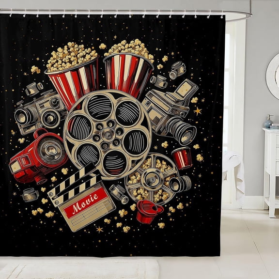 Movie Shower Curtain Popcorn Waterproof Bathroom Accessories Movie Theater Cinema Bath Curtain for Bathroom Showers Black Vintage Camera