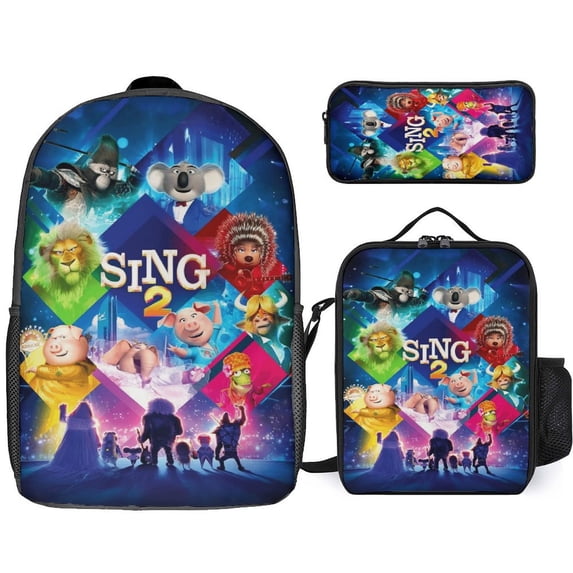 Movie Sing 2 3Pcs Bookbag Sets Backpack with Lunch Bag And Pencil Case for Work Office Travel