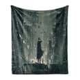 thumbnail image 1 of Movie Soft Flannel Fleece Throw Blanket, Art Noir Concept from a Film Scene Detective Standing on Roof Top at Rainy Night, Cozy Plush for Indoor and Outdoor Use, 50" x 60", Dark Green, by Ambesonne, 1 of 5