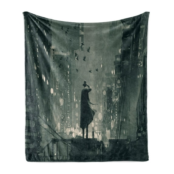 Movie Soft Flannel Fleece Throw Blanket, Art Noir Concept from a Film Scene Detective Standing on Roof Top at Rainy Night, Cozy Plush for Indoor and Outdoor Use, 50" x 60", Dark Green, by Ambesonne