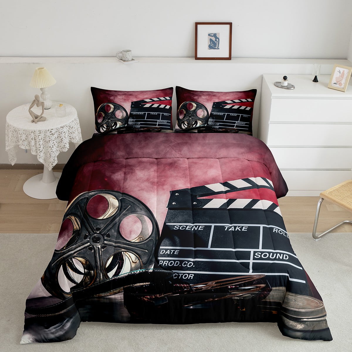 Movie Theater Bedding Set For Home Full,Retro Black Film Cinema Quilt Comforter For Adults Men