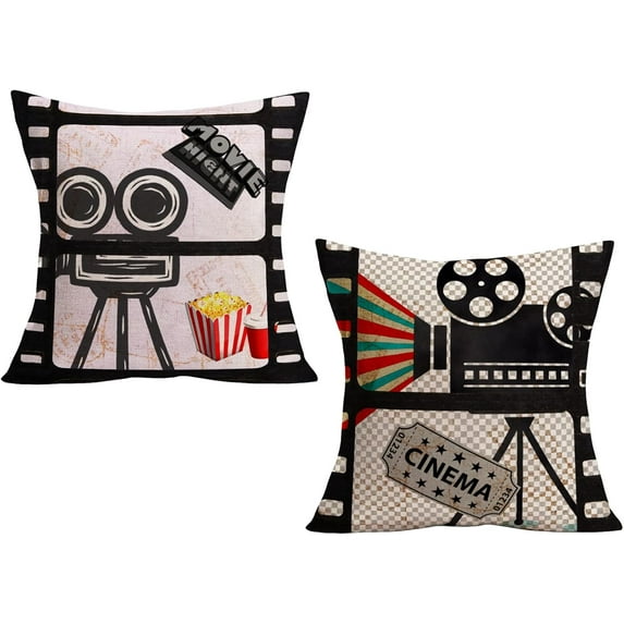 Movie Theater Cinema Throw Pillow Covers Set of 2 16x16 Inch Vintage Cinema Projector Popcorn Square Pillow Cases Personalized Home Decor Cushion Cover for Sofa Couch Bed (Movie)