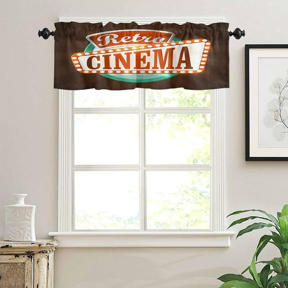Movie Theater Curtain Valance for Windows/Living Room/Kitchen/Bathroom, Short Rod Pocket Tier Curtain Window Treatment, 1 Panel 54x18 Retro Style Cinema Sign Design Film Festival Hollywood Theme,