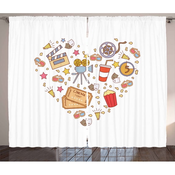 Ambesonne Movie Theater Curtains 2 Panel Set, Cinema Love, 108" x 63", Multicolor
