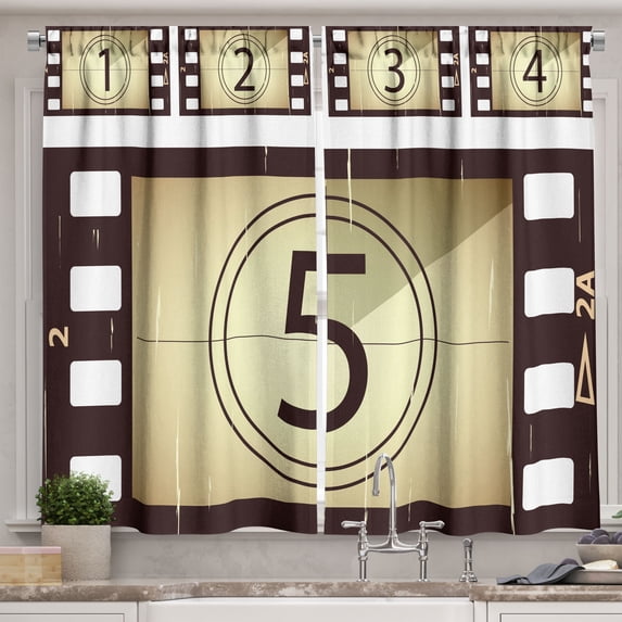 Movie Theater Curtains 2 Panels Set, Scratched Film Strips Vintage Movie Frame Pattern Grunge Illustration, Window Drapes for Living Room Bedroom, 55W X 39L Inches, Beige Brown White, by Ambesonne