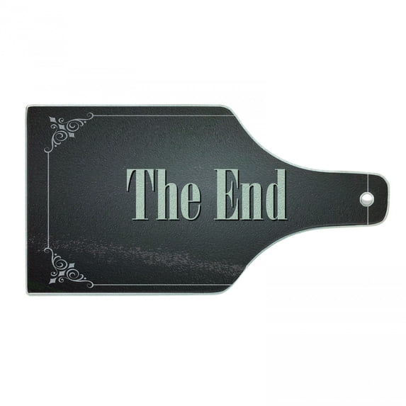 Movie Theater Cutting Board, End Words Swirled Frame on an Abstract Ombre Background, Decorative Tempered Glass Cutting and Serving Board, Wine Bottle Shape, Charcoal Grey Cream, by Ambesonne