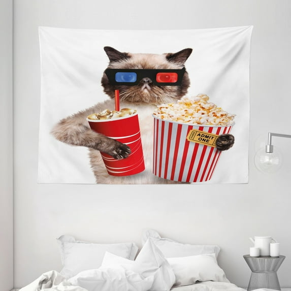 Movie Theater Decor Tapestry, Cat with Popcorn and Drink Watching Movie Glasses Entertainment Cinema, Wall Hanging for Bedroom Living Room Dorm Decor, 80W X 60L Inches, Multicolor, by Ambesonne