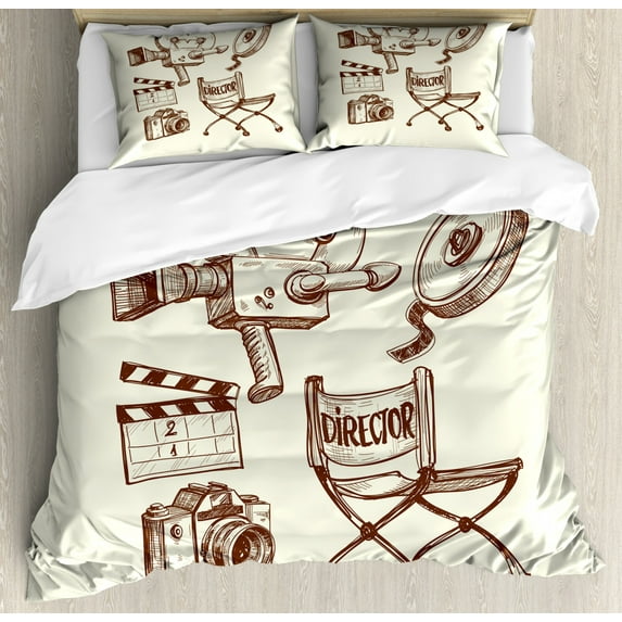 Movie Theater Duvet Cover Set Queen Size, Photography and Cinema Vintage Set in Sketch Art Style Director Shooting, Decorative 3 Piece Bedding Set with 2 Pillow Shams, Beige Brown, by Ambesonne