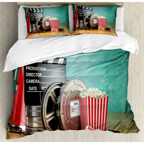 Movie Theater Duvet Cover Set Queen Size, Production Theme 3D Film Reels Clapperboard Tickets Popcorn and Megaphone, Decorative 3 Piece Bedding Set with 2 Pillow Shams, Multicolor, by Ambesonne