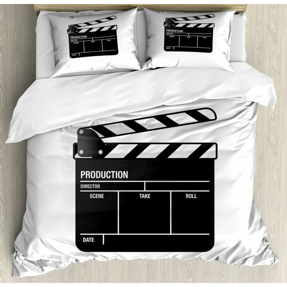 Movie Theater Duvet Cover Set Queen Size, Realistic Illustration of a Clapper Board Symbol for Film and Video Industry, Decorative 3 Piece Bedding Set with 2 Pillow Shams, Black White, by Ambesonne