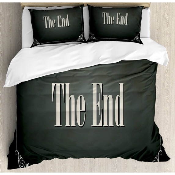 Movie Theater Duvet Cover Set Queen Size, The End Quote with Swirled Frame on an Abstract Ombre Background, Decorative 3 Piece Bedding Set with 2 Pillow Shams, Charcoal Grey Cream, by Ambesonne