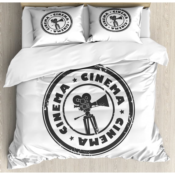 Movie Theater King Size Duvet Cover Set, Abstract Grunge Stamp with Movie Camera and the Word Cinema Inside, Decorative 3 Piece Bedding Set with 2 Pillow Shams, Charcoal Grey White, by Ambesonne