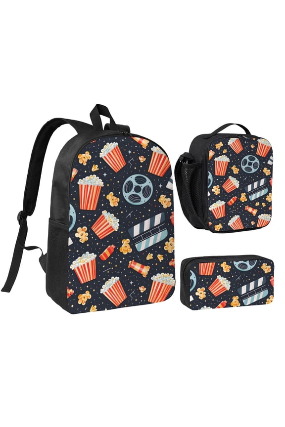 Movie Theater Popcorn Theme Backpack Set 3pc ，Backpack with Lunch Bag and Bag 17 Inch