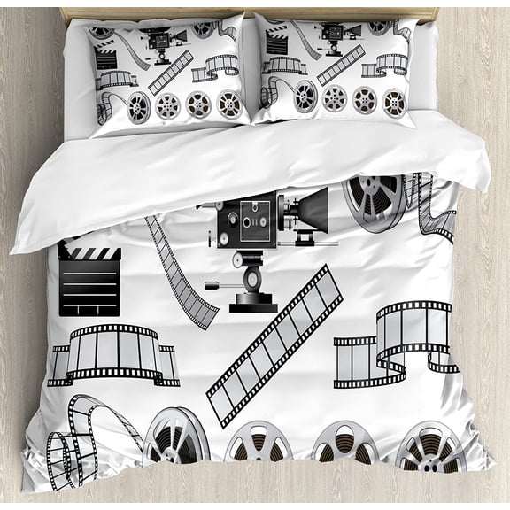 Movie Theater Queen Size Duvet Cover Set, Movie Industry Themed Greyscale Illustration of Projector Film Slate and Reel, Decorative 3 Piece Bedding Set with 2 Pillow Shams, Grey Black, by Ambesonne
