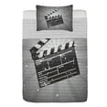 thumbnail image 1 of Movie Theater Reversible Bedspread Set, Clapper Board on Retro Backdrop Grunge Effect Director Cut Scene, Pillow Shams & Comforter Microfiber Bedding Set, 3 Sizes, White Black Grey, by Ambesonne, 1 of 4