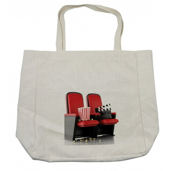 Movie Theater Shopping Bag, 3D Illustration Cinema Concept Clapper Board and Popcorn on Theater Seat, Eco-Friendly Reusable Bag for Groceries Beach and More, 15.5" X 14.5", Cream, by Ambesonne