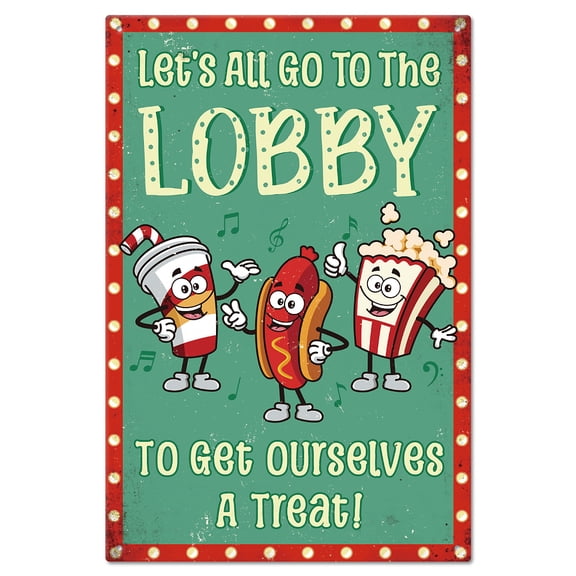 Movie Theater Snack Bar Metal Tin Sign "Let's All Go To The Lobby" Funny Words Vintage Tin Signs 12x8inch Retro Wall Plaque Poster