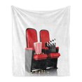 thumbnail image 1 of Movie Theater Soft Flannel Fleece Blanket, 3D Illustration Cinema Concept Clapper Board and Popcorn on Theater Seat, Cozy Plush for Indoor and Outdoor Use, 60" x 80", Red Black White, by Ambesonne, 1 of 5