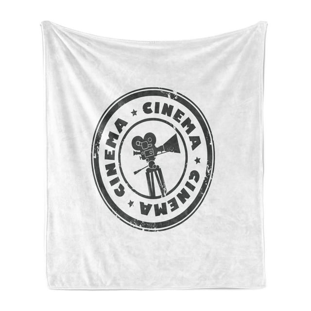 Movie Theater Soft Flannel Fleece Blanket, Abstract Grunge Stamp with Movie Camera and the Word Cinema Inside, Cozy Plush for Indoor and Outdoor Use, 50" x 70", Charcoal Grey White, by Ambesonne