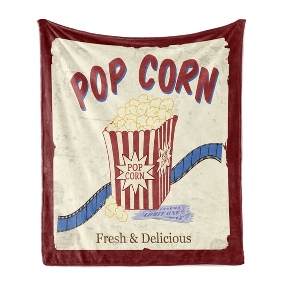 Movie Theater Soft Flannel Fleece Blanket, Fresh and Delicious Pop Corn Film Tickets and Strip Advertising in 60s Theme, Cozy Plush for Indoor and Outdoor Use, 70" x 90", Multicolor, by Ambesonne