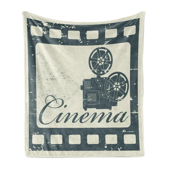 Movie Theater Soft Flannel Fleece Blanket, Grunge Poster Design with Strip Frame Cinema Lettering and Projection, Cozy Plush for Indoor and Outdoor Use, 50" x 70", Slate Blue Beige, by Ambesonne
